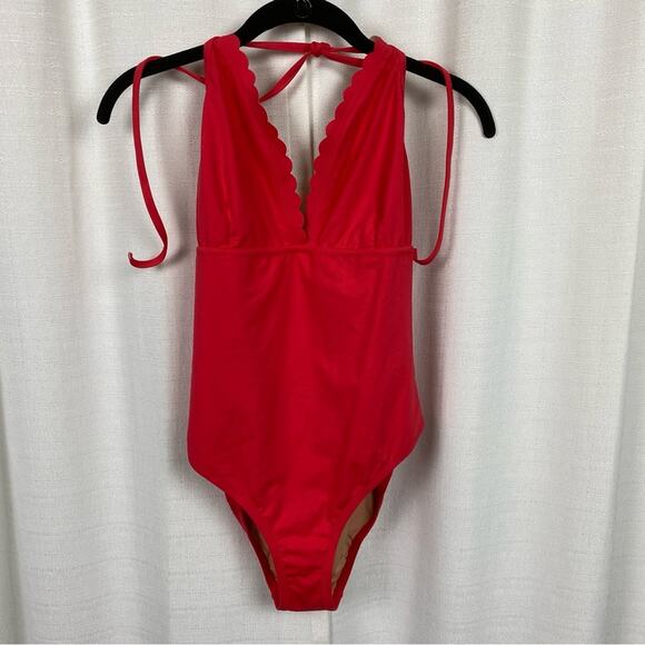 J.Crew Coral Scalloped V Neck One Piece Swimsuit Sz.8 - Picture 5 of 16